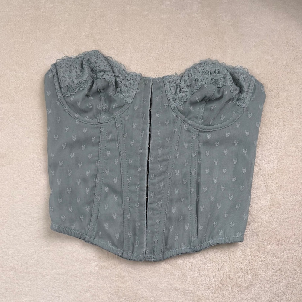 Sage Green Lace rim Corset Bustier Top Lace Up Back Hook Front Cottagecore Med